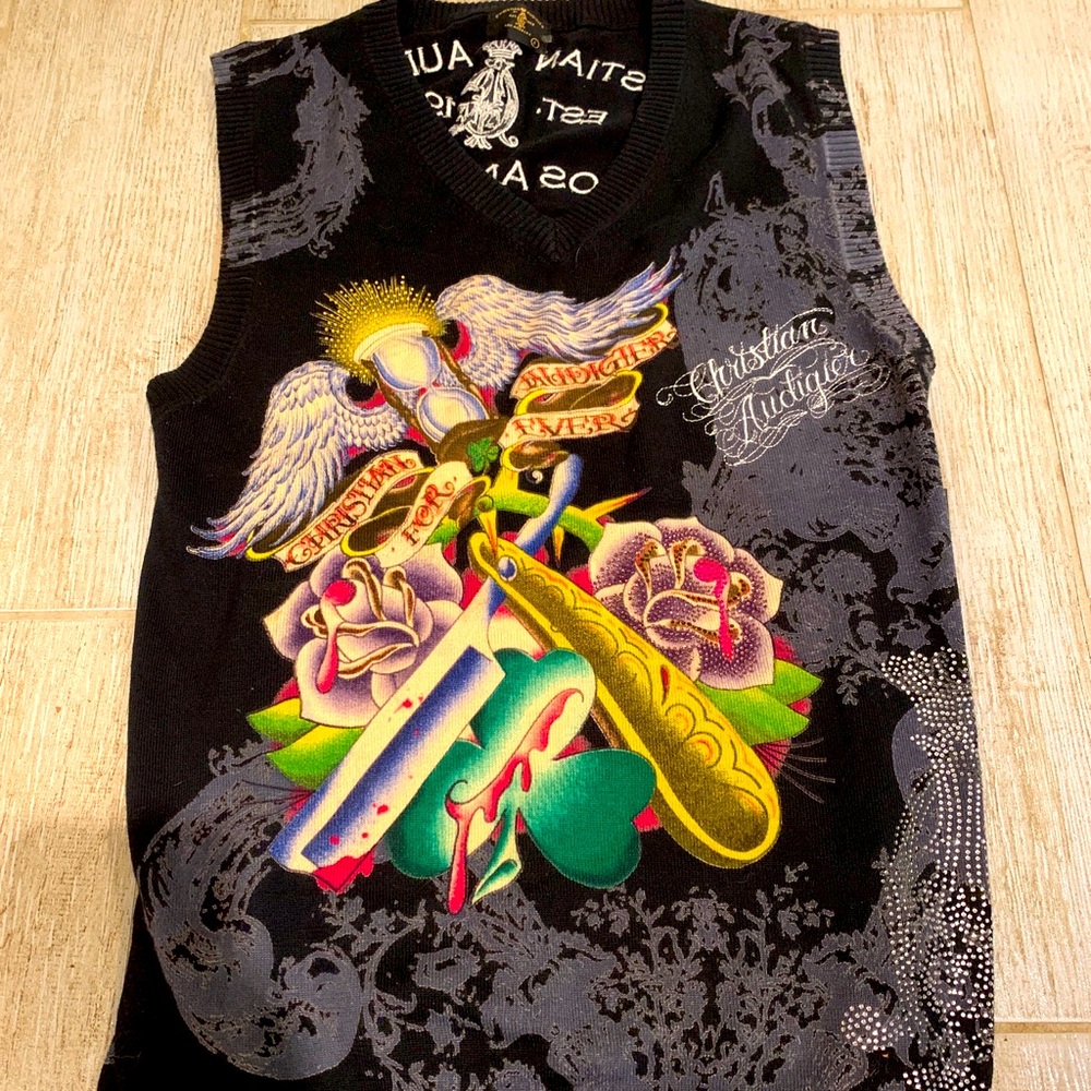 NWT Ed Hardy Christian Audigier Size L Sweater Vest Los Angeles Rhinestones Y2K